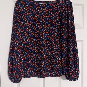 Ann Taylor Shirt Womens M Blue Red Long Pleated Balloon Sleeve Blouse